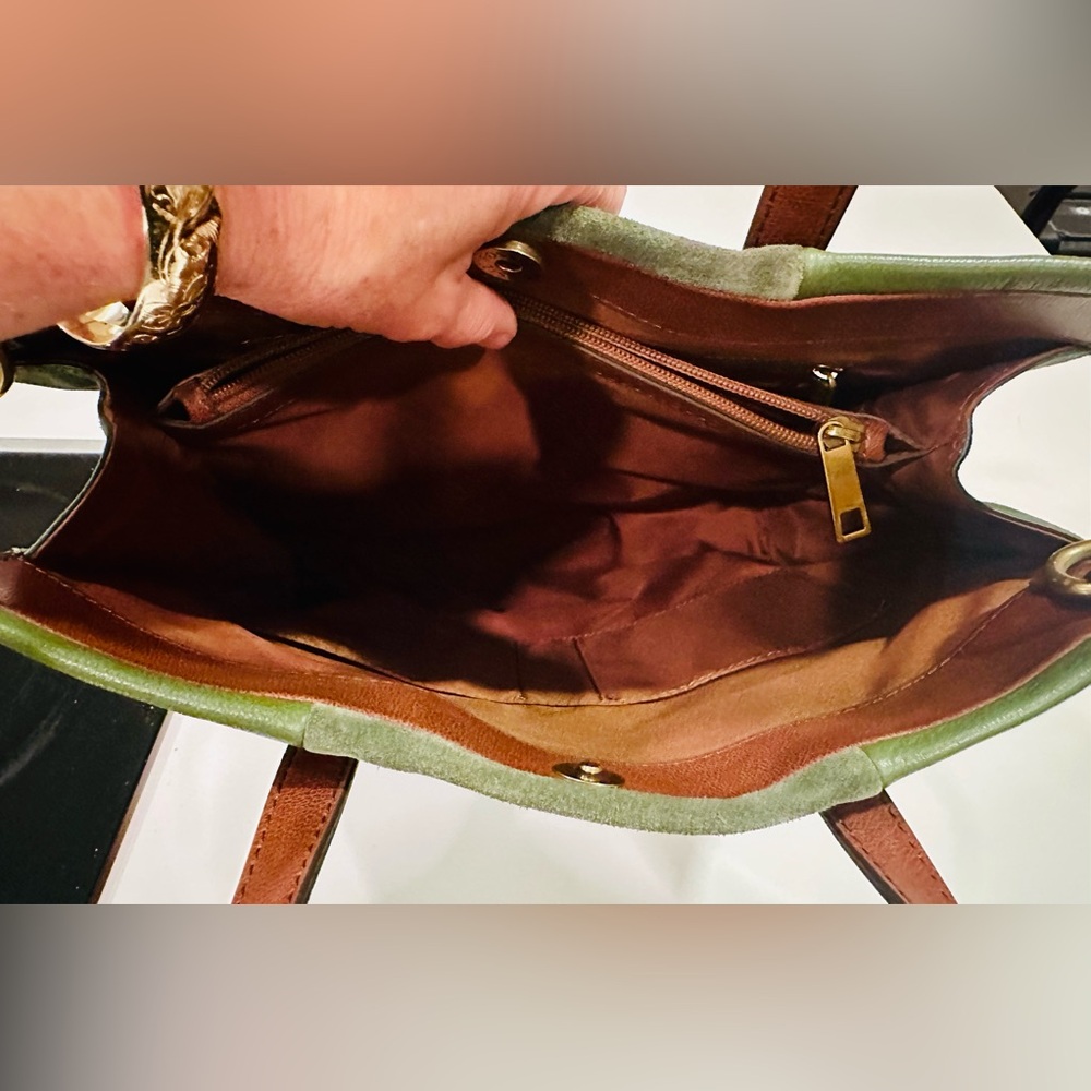 Fossil Leather Suede Green Tote Handbag Green Brown Handles Work Travel Safari - Picture 12 of 16